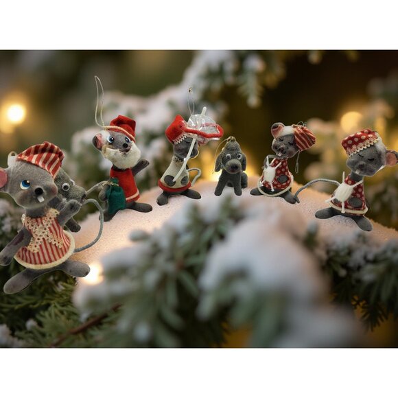 vintage 1950s set of 7 flocked mice christmas ornaments - Picture 4 of 8